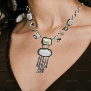 Chico’s Silver Tone Statement Necklace with Mixed Beads & Chain Fringe